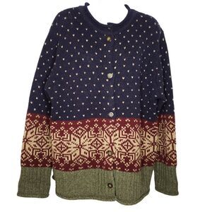 Deane & White Wool Cardigan Birds Eye Fair Isle Snowflakes Navy Blue Burgundy L